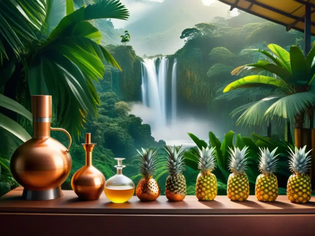 Destilería de licor exótico en la selva tropical: detalle vintage Destilería de bebidas exóticas especializadas en la exuberante jungla tropical con alambiques de cobre relucientes y trabajadores atentos