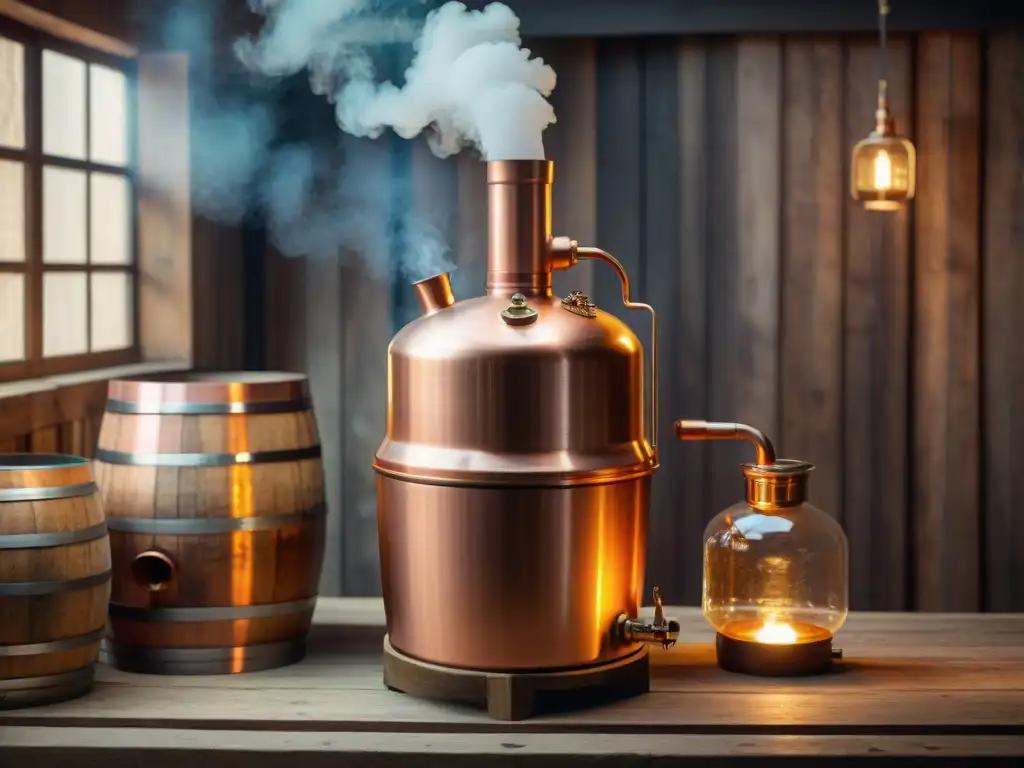 Destilación clandestina: alambique de cobre en bodega vintage Una destilería clandestina con alambique de cobre y barriles de madera, evocando la tradición de destilación de bebidas alcohólicas