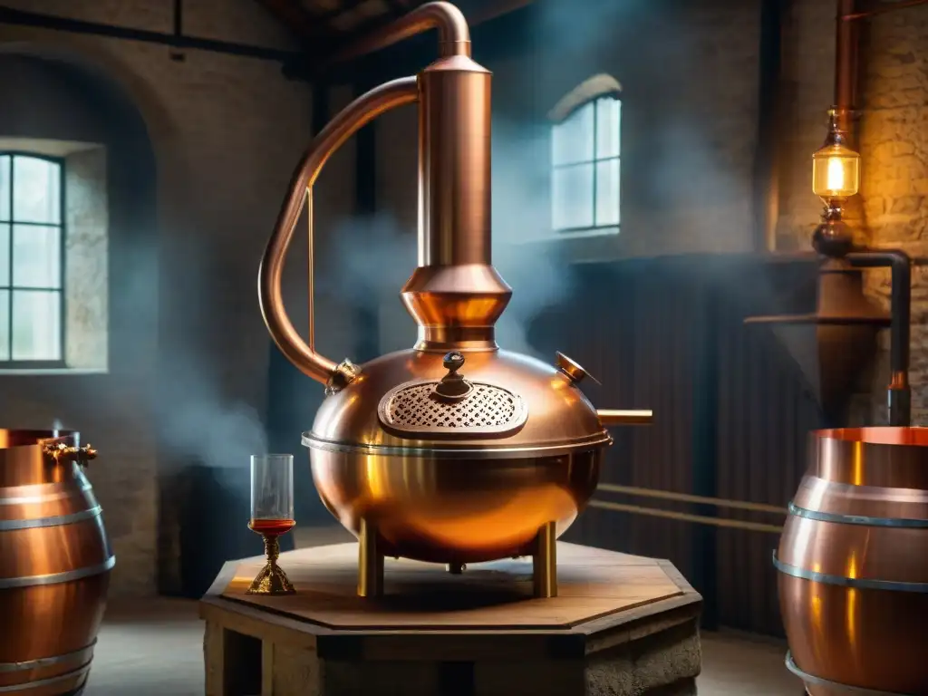 Alambique de cobre: tradición y elegancia en la destilación de coñac Destilería de cognac en Charente: alambique de cobre tradicional con grabados detallados, en un ambiente rústico y elegante