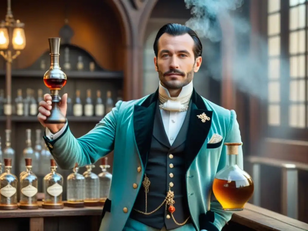 Distilador francés del siglo XVIII: elegancia y refinamiento Una destilería francesa del siglo XVIII con vestimenta para destilación de bebidas, lujo y refinamiento