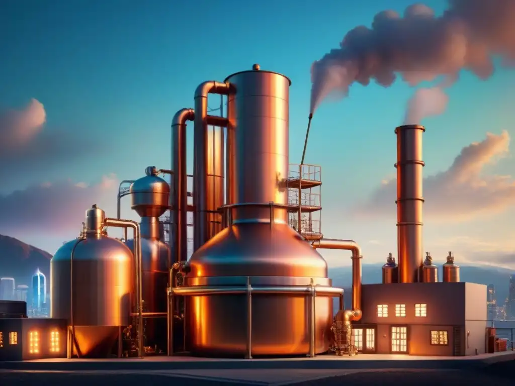Destilería futurista en la ciudad: fusión de innovación y tradición Una destilería futurista en una ciudad nocturna, fusionando innovación y tradición en la historia destilación bebidas alcohólicas modernas