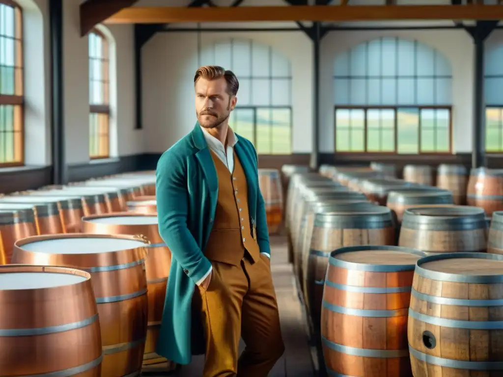 Destilería vintage: arte en cobre y barricas Una destilería histórica con alambiques de cobre, barricas de madera y trabajadores creando licores premium, rodeada de colinas y un paisaje sereno