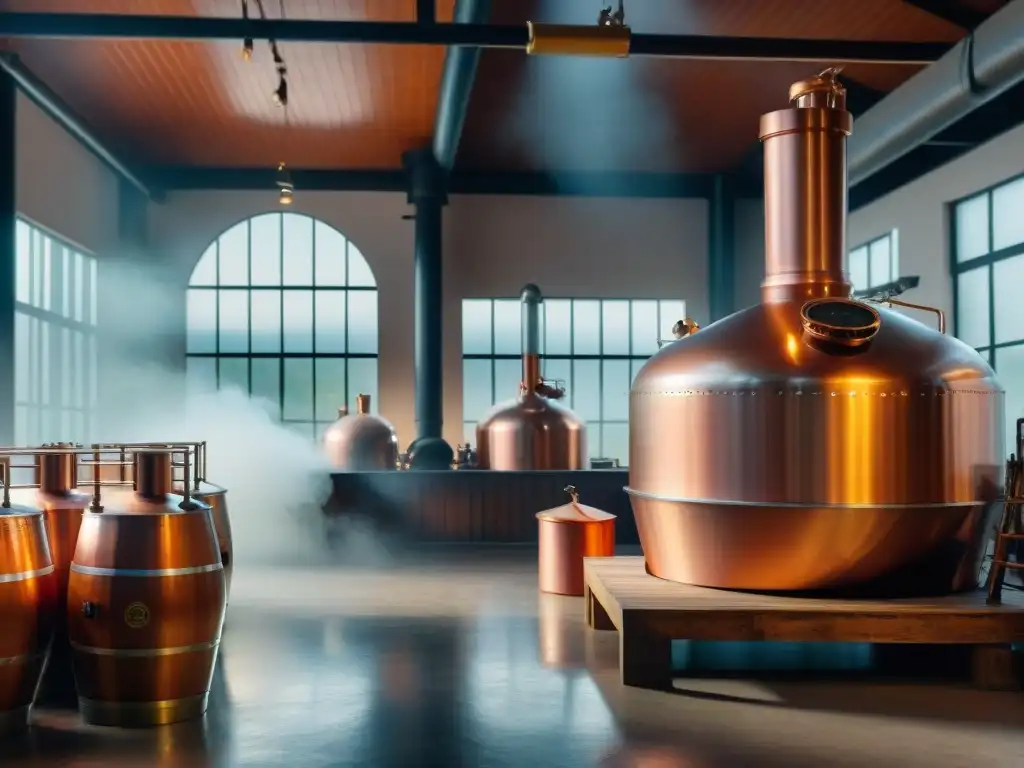 Destilería histórica: pot stills de cobre en luz suave Destilería histórica con alambiques de cobre relucientes, barricas envejeciendo y exuberante vegetación