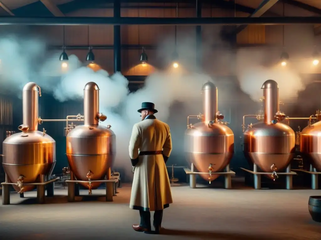 Destilería histórica: destilación tradicional con refrigeración Destilería histórica con alambiques de cobre relucientes en la luz suave, rodeada de barricas envejeciendo licores