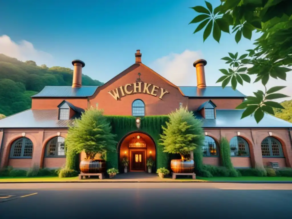 Destilería de whiskey histórica: arquitectura victoriana y nostalgia Destilería histórica con arquitectura victoriana detallada, barriles apilados y camión vintage, ícono turístico de destilerías