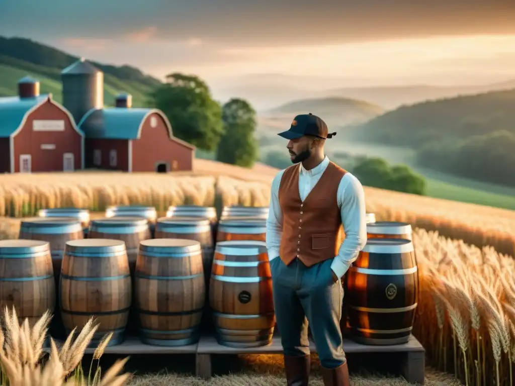 Destilería histórica: tradición y artesanía en un atardecer dorado Destilería histórica al atardecer, con alambiques de cobre, barriles de roble y trabajadores en trajes de época