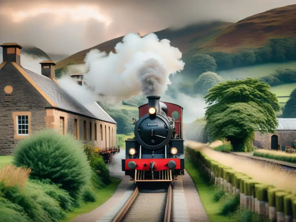 Destilería histórica en las colinas de Escocia: escena detallada en 8k Una destilería histórica en las colinas de Escocia, con alambiques de cobre relucientes y ambiente vintage