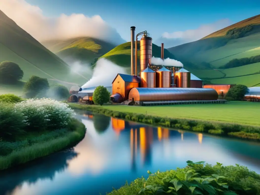 Destilería histórica en colinas verdes con energía renovable Una destilería histórica entre colinas verdes, con alambiques tradicionales y energía verde en la destilación de bebidas alcohólicas