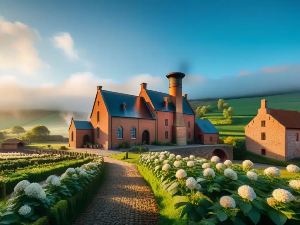 Destilería vintage en el campo: encanto histórico y naturaleza Una destilería histórica de ladrillos rojos en el campo, con colinas verdes y cielo azul