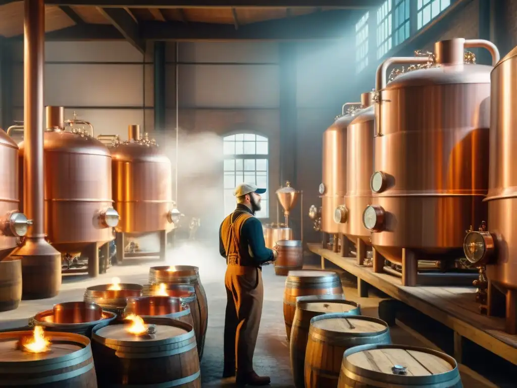 Destilería vintage del siglo XX: escena detallada y animada Una destilería histórica en plena actividad, cumpliendo normativas sostenibilidad destilación bebidas alcohólicas