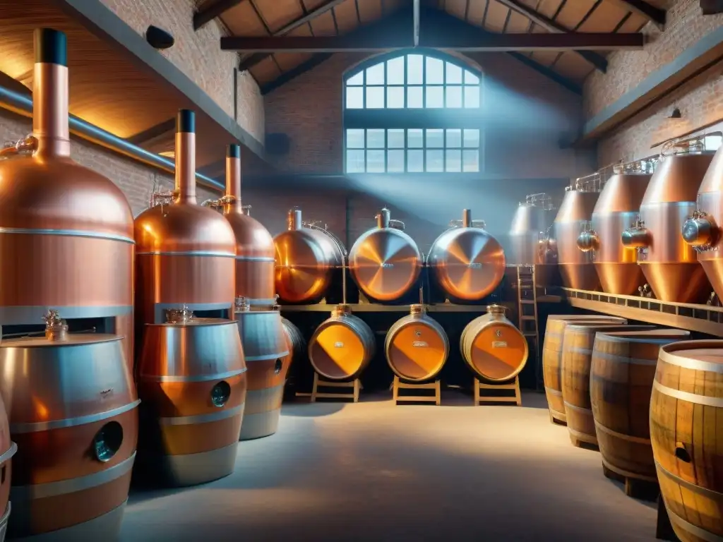 Destilería histórica del siglo XX: tradición y destreza en imágenes 8k Una destilería histórica del siglo XX con destilación de bebidas alcohólicas sostenible, reflejando tradición y artesanía