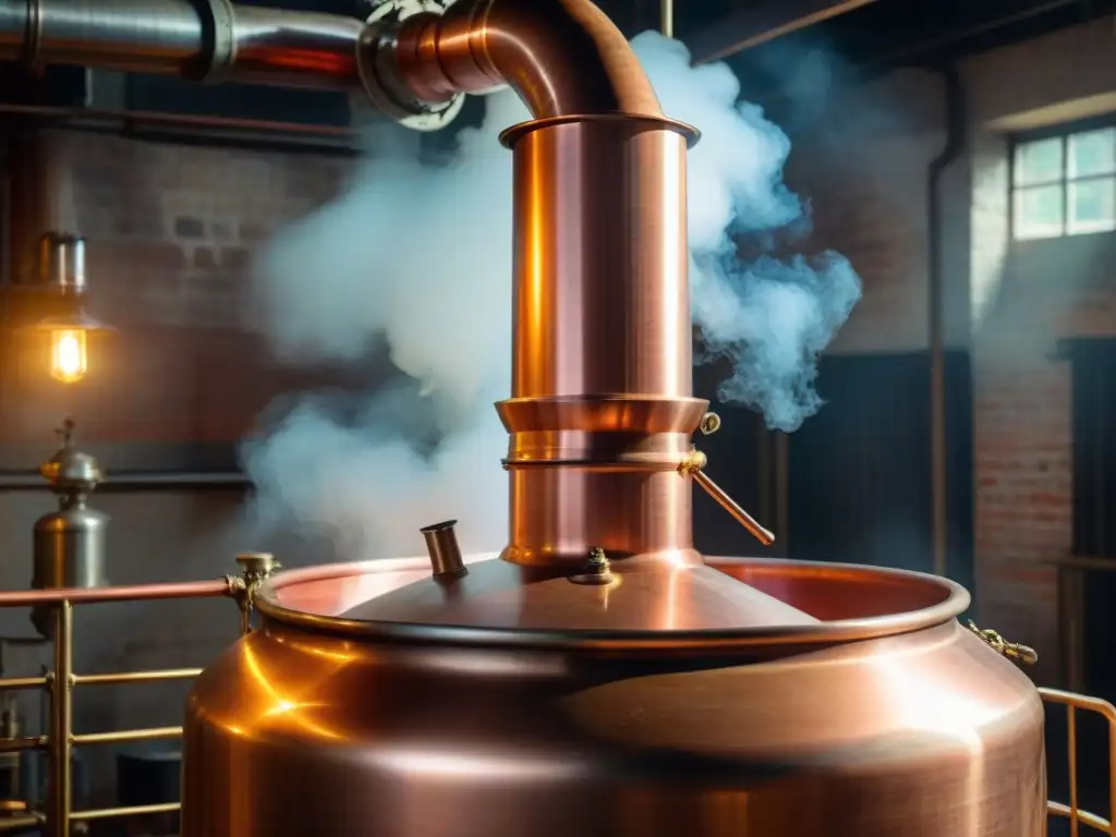 Una destilería iluminada tenue muestra un alambique de cobre detallado, resaltando las técnicas avanzadas destilación bebidas alcohólicas