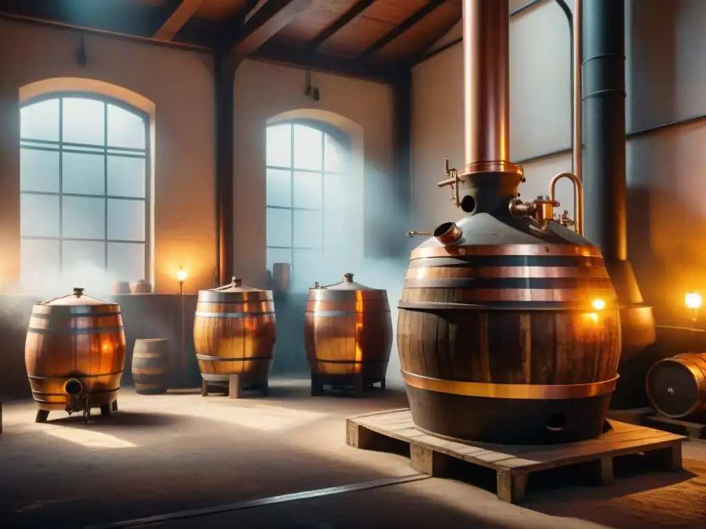 Destilería de Brandy: Tradición y Artesanía en 8k Una destilería de brandy vintage iluminada cálidamente, destilando tradición y artesanía