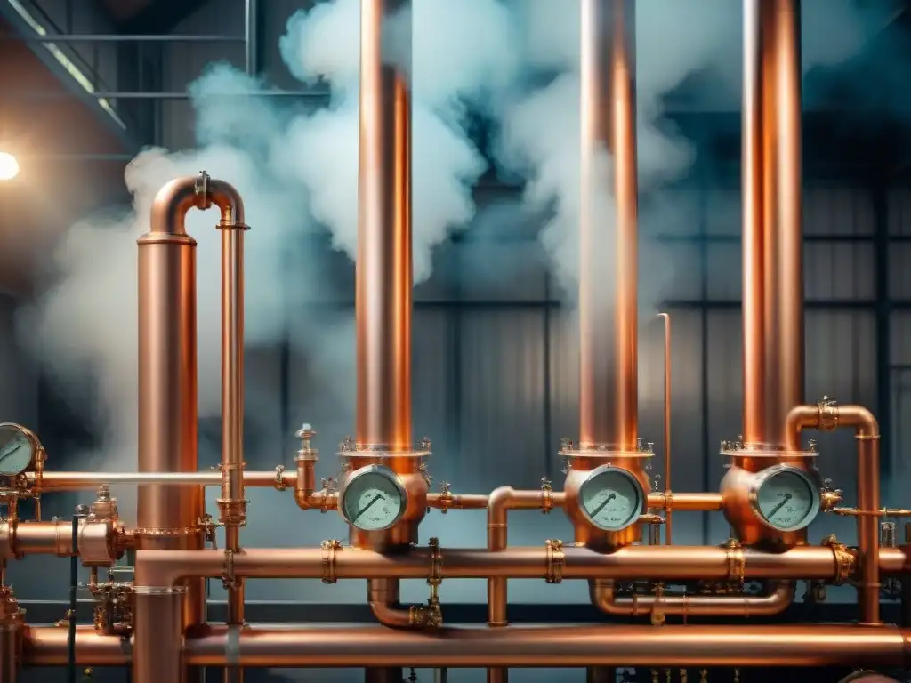 Destilación industrial: fusión de tradición y tecnología autónoma Una destilería industrial moderna con sistemas destilación autónomos modernos en un ambiente nocturno evocador