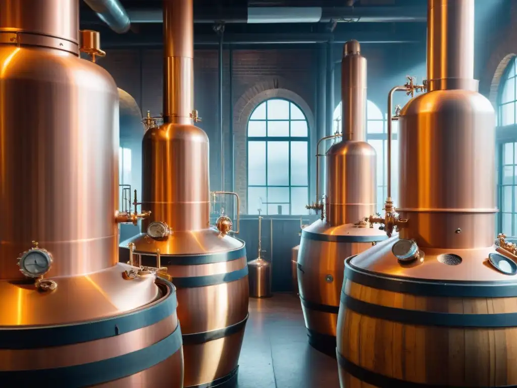 Destilería industrial vintage: pot stills de cobre y barricas envejeciendo licores, con trabajadores ataviados en actividad Una destilería industrial vintage con alambiques de cobre relucientes bajo una suave luz ambiental, rodeada de barricas de madera envejeciendo licores