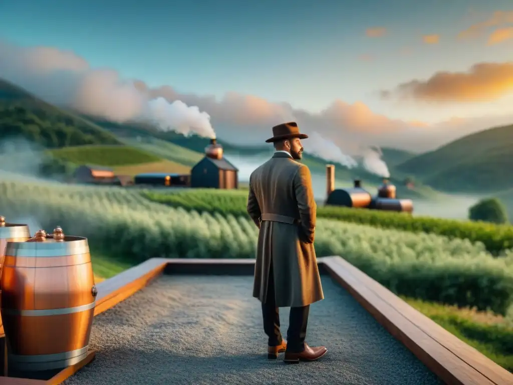 Destilería moderna en paisaje vintage: destilación artesanal y tradición Una destilería moderna y elegante en un paisaje de colinas al atardecer, destilando con tradición y modernidad