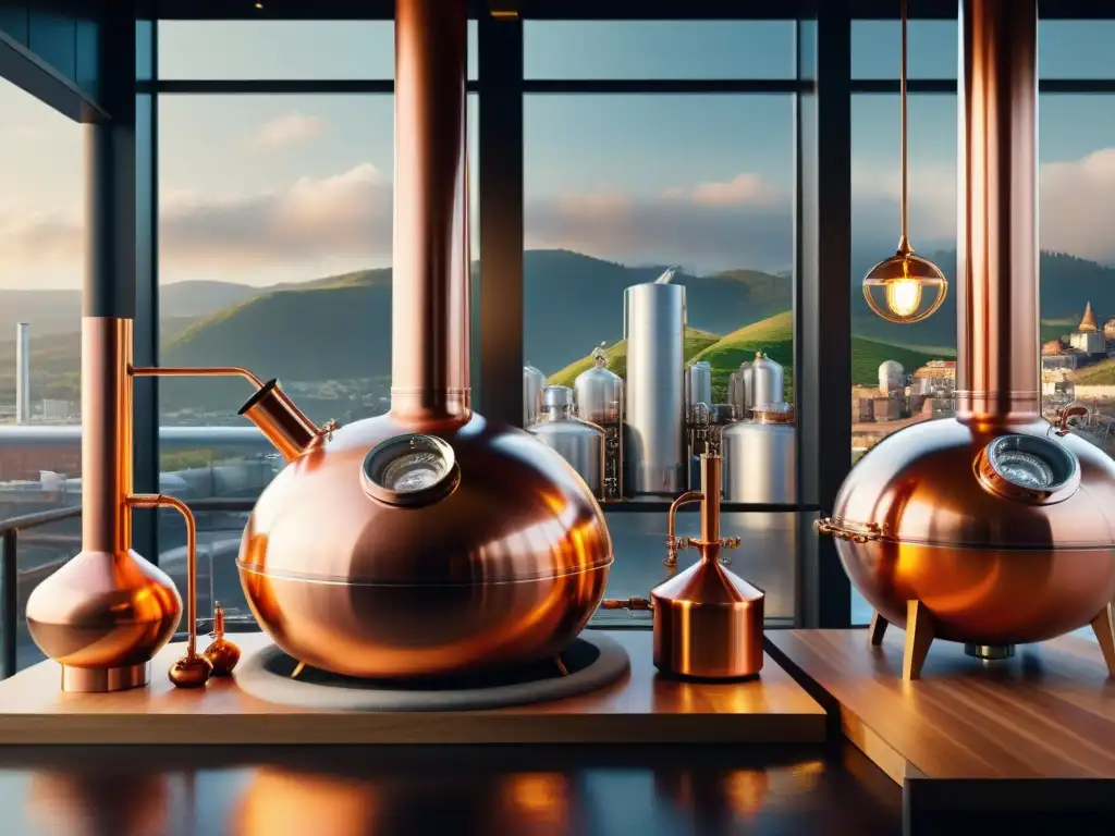 Destilería futurista: fusión de tradición y tecnología premium Una destilería moderna fusionando tecnología y tradición, en un paisaje urbano y rural
