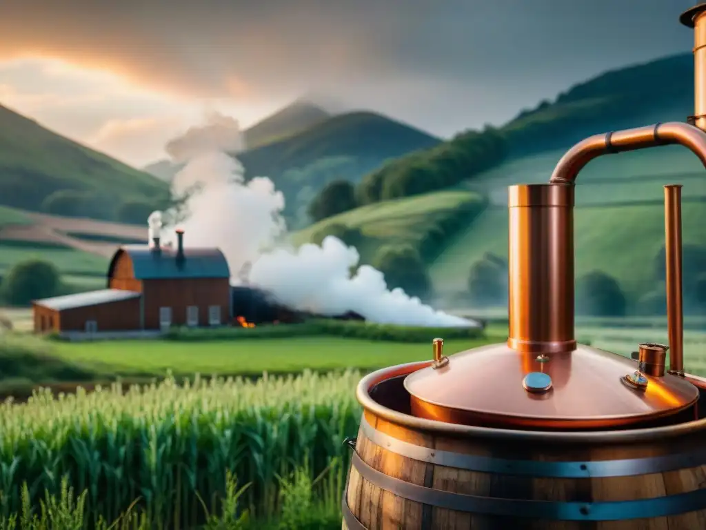 Destilería rústica en colinas verdes: escena nostálgica de whisky en 8k Destilería rústica con alambique de cobre brillante, barriles de whiskey envejeciendo y humo de la chimenea