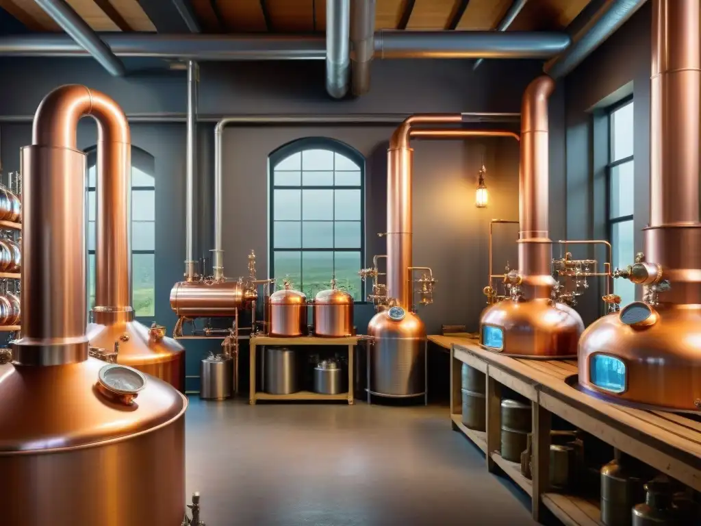 Destilación vintage y tecnología moderna en destilería Una destilería rústica iluminada por una cálida luz, destacando un antiguo alambique de cobre