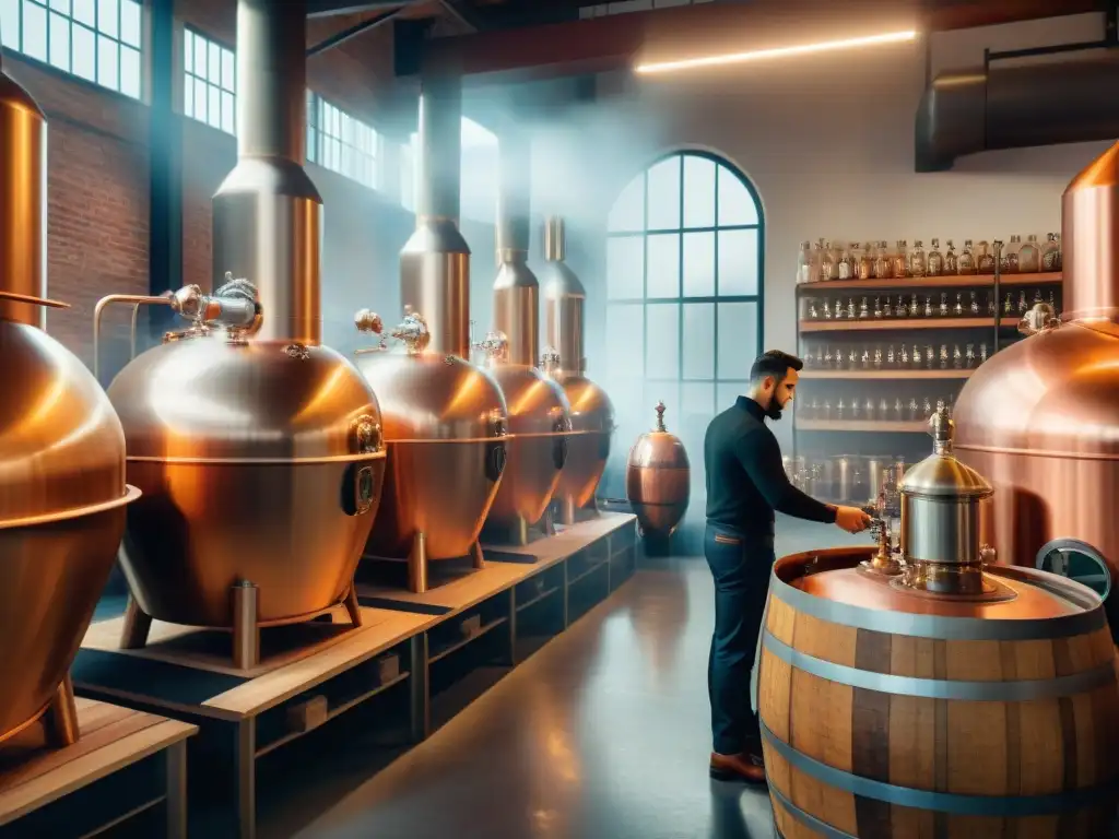 Destilería artesanal: tradición y precisión en la producción de licores premium Una destilería sofisticada con alambiques de cobre, barriles de roble y trabajadores supervisando, evocando tradición y artesanía