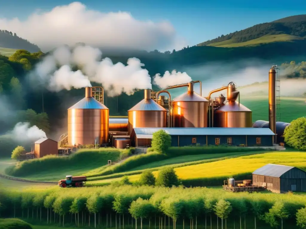 Destilería eco-friendly entre colinas verdes Destilería sostenible en medio de un paisaje natural, con trabajadores y métodos innovadores