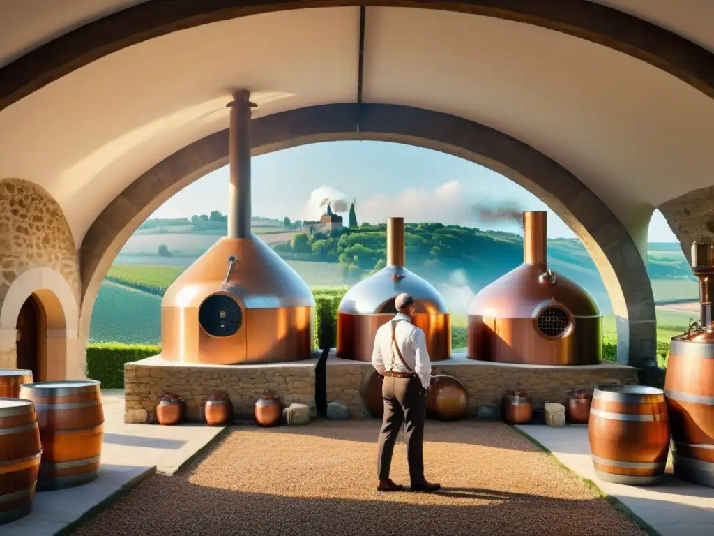 Destilería francesa: tradición y perfección en la campiña Una destilería tradicional en Francia con alambiques de cobre brillantes bajo el sol, rodeada de viñedos