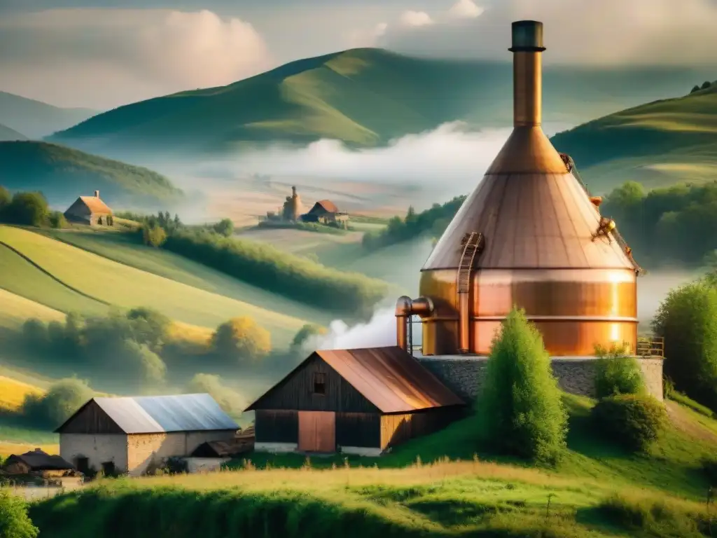 Destilería tradicional rumana: arte en cobre y naturaleza Una destilería tradicional en Rumania con alambiques de cobre para la destilación de ţuică