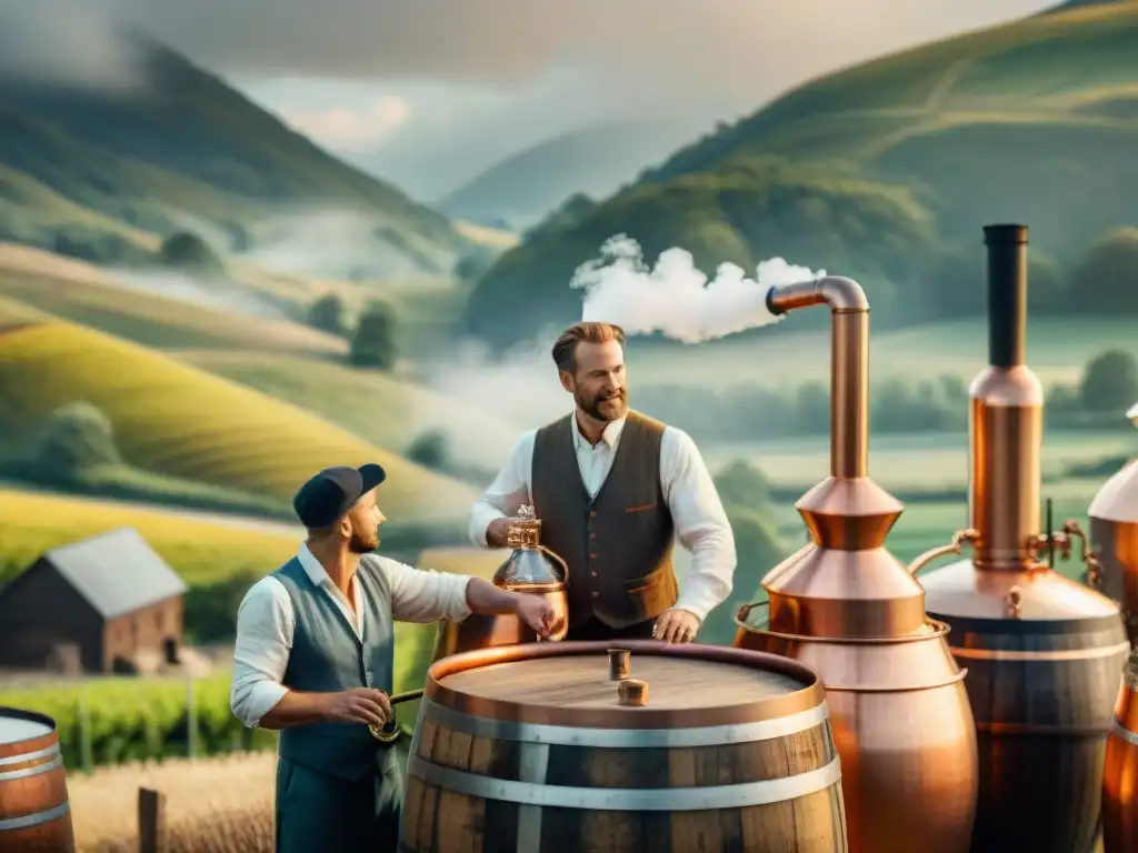 Destilería tradicional: arte en la producción de licores Destilería tradicional con alambiques de cobre, barriles de madera y trabajadores monitoreando la destilación de bebidas con enzimas