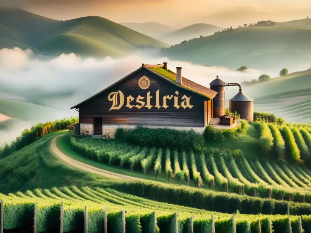 Destilería Tradicional en las Colinas: Imagen Detallada en 8k Destilería tradicional en colinas verdes de Europa del Este, destilación artesanal