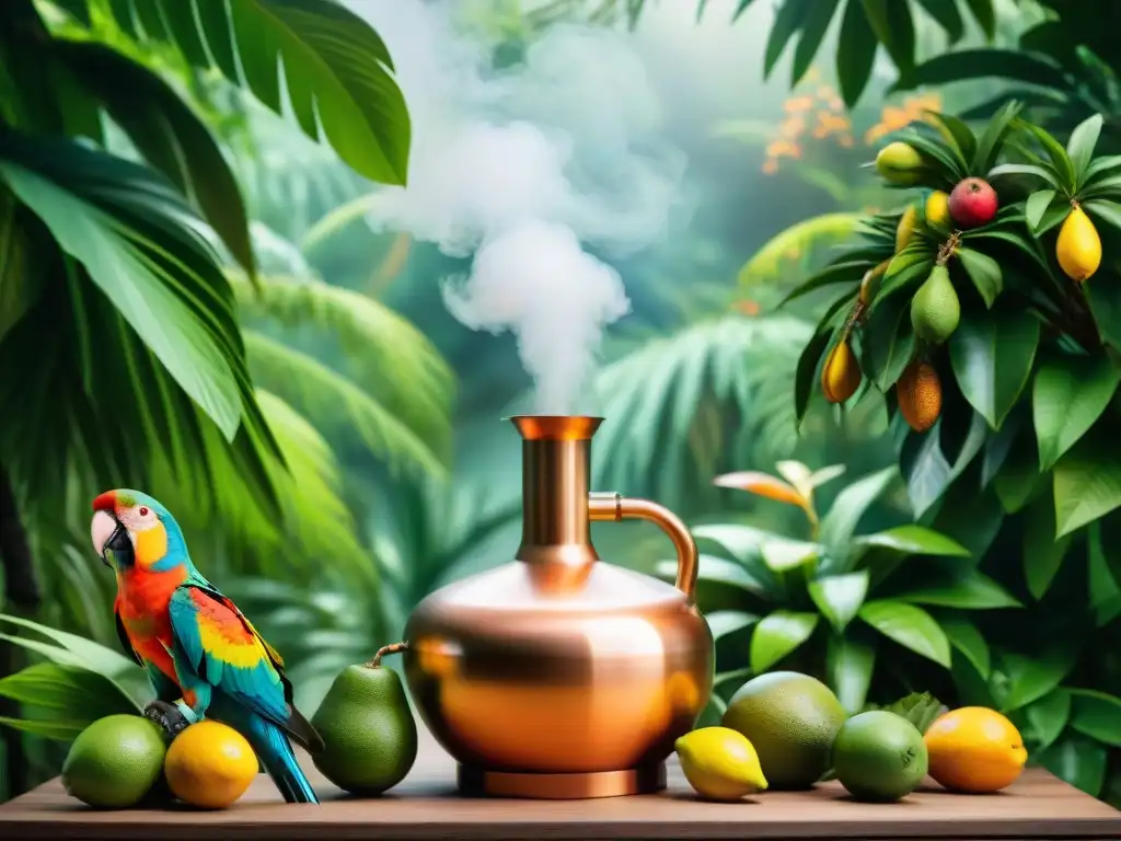 Destilería tradicional en la jungla tropical: detallada ilustración vintage Una destilería tradicional en la exuberante jungla tropical, con destilación de bebidas alcohólicas exóticas