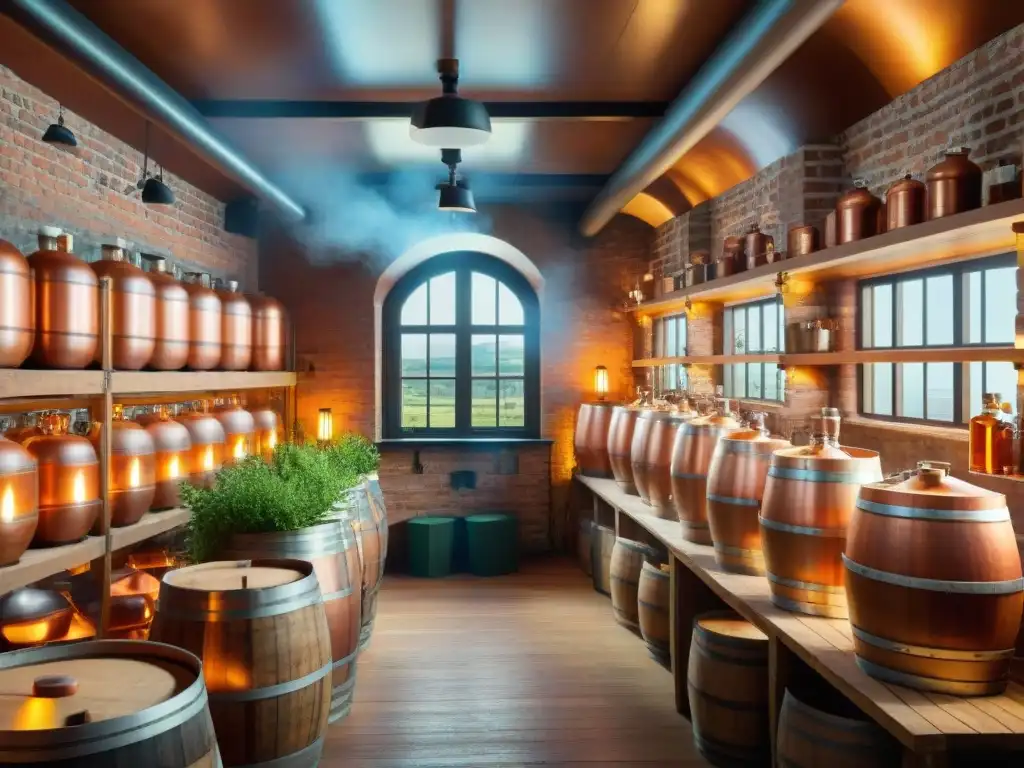 Destilería artesanal: tradición e innovación en infusiones Una destilería tradicional llena de alambiques de cobre y barriles de madera, rodeada de estantes con hierbas, especias y frutas