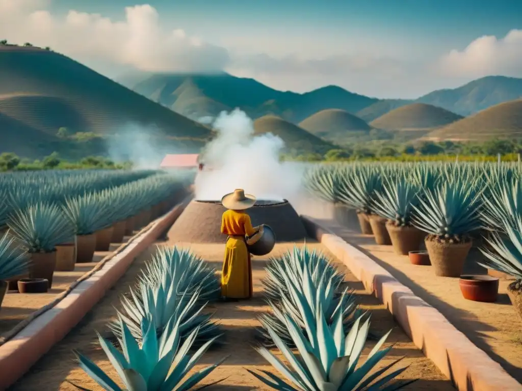 Destilación de Tequila y Mezcal en una Hacienda Mexicana Destilería tradicional mexicana en campos de agave, bajo el sol brillante