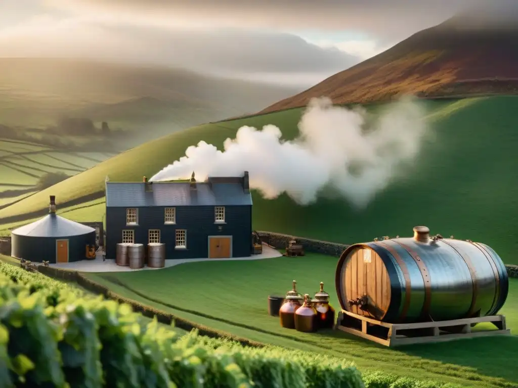 Mística destilería escocesa: tradición y destilación de Hendrick's Gin Una destilería tradicional en Escocia, rodeada de colinas verdes y una atmósfera mística