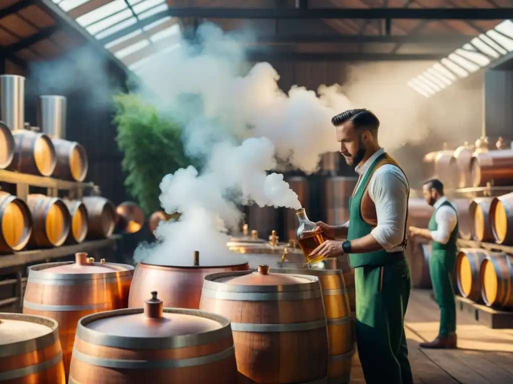 Destilería tradicional: armonía vintage y sostenible en viñedos Destilería tradicional rodeada de viñedos verdes, trabajadores en trajes vintage cuidan el proceso de destilación