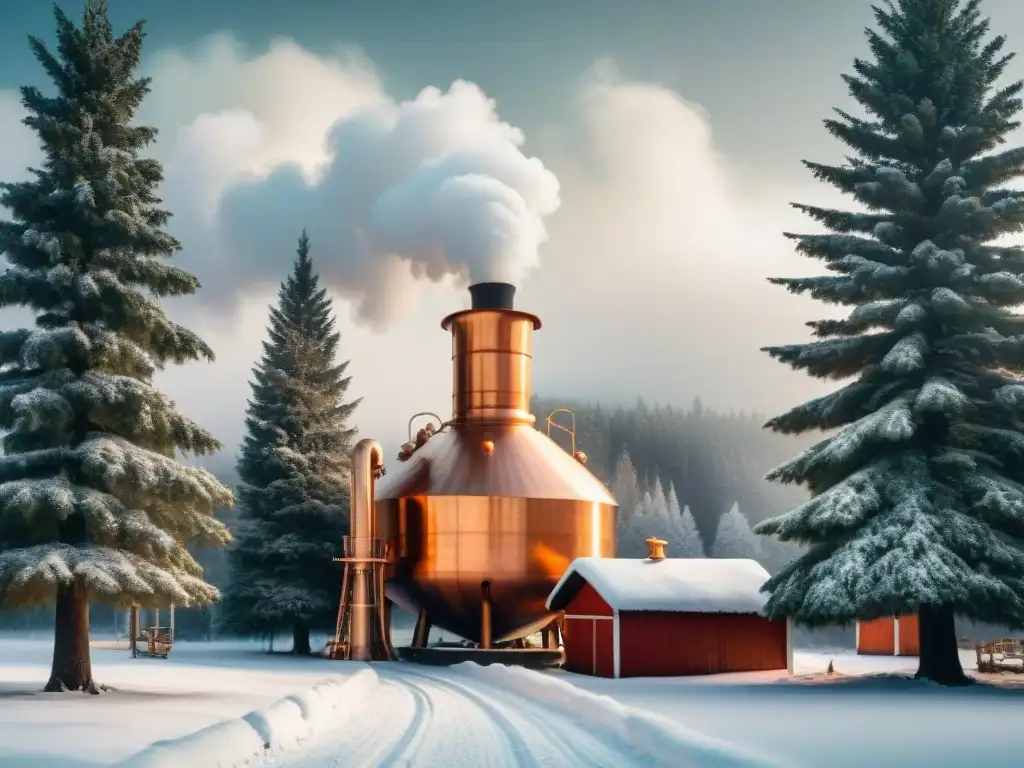 Destilación rusa: maestría en la nieve Una destilería tradicional rusa en invierno, con alambiques de cobre y un maestro destilador