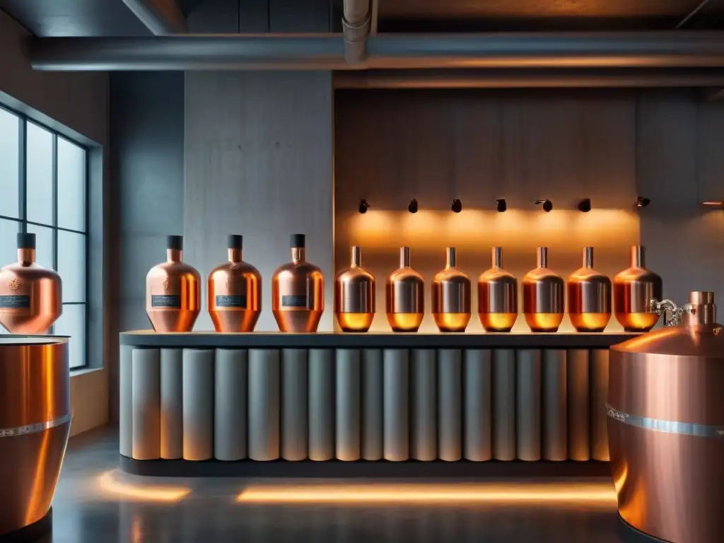 Destilería avant-garde: fusión de tradición y diseño futurista Destilería vanguardista fusionando arteciencia: alquimistas elaboran licores entre destellos de luz cálida