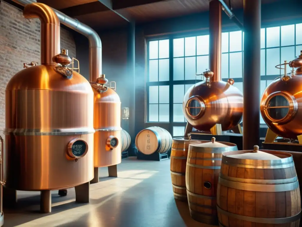 Una destilería vintage con alambiques de cobre y barricas de madera envejeciendo licores premium