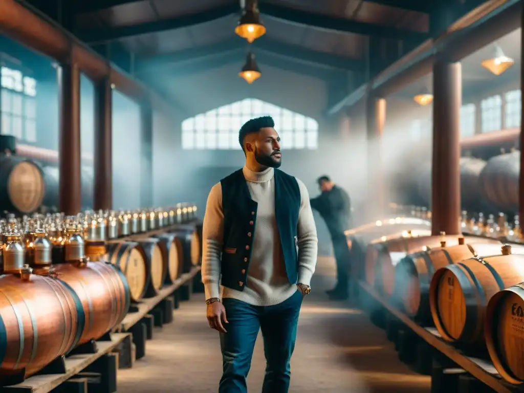 Destilería vintage: tradición y artesanía en 8k Una destilería vintage con alambiques de cobre relucientes en la suave luz, rodeada de barricas de whisky envejeciendo