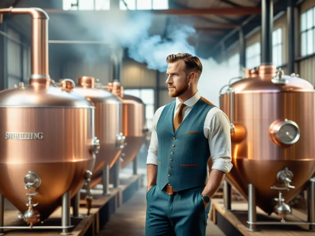 Destilería vintage: tradición y artesanía en whisky Una destilería vintage con alambiques de cobre brillando en la luz suave, rodeada de barricas de whisky envejeciendo