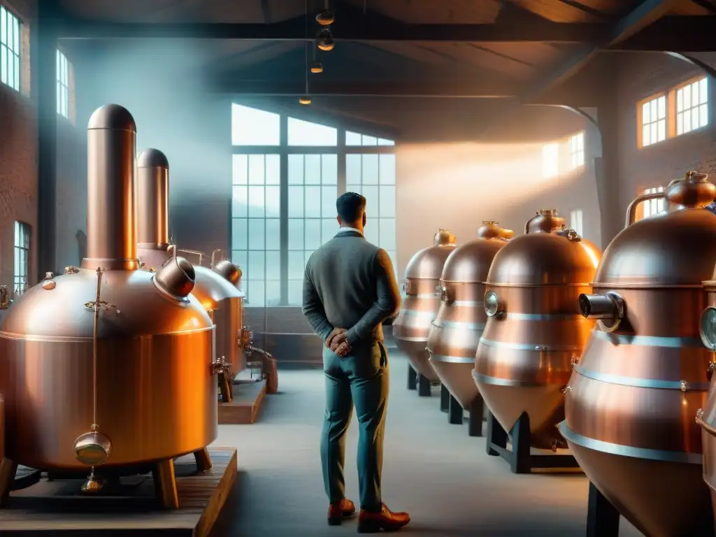 Cobre y tradición: destilería vintage al atardecer Una destilería vintage con alambiques de cobre brillando al atardecer, fusionando tradición y biotecnología en destilación de bebidas