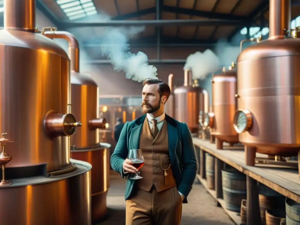 Destilería vintage del siglo XX: destilación artesanal en cobre Una destilería vintage en los años 1900, con alambiques de cobre y trabajadores elaborando licores