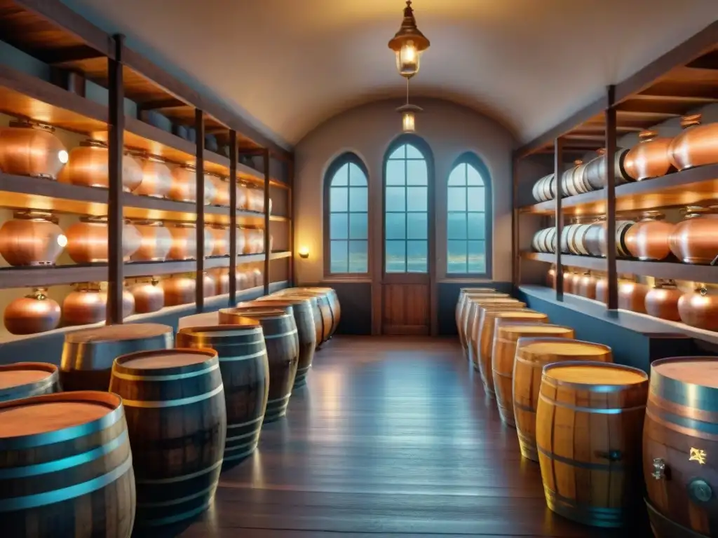 Destilería vintage: barriles, cobre y sabores únicos en 8k Destilería vintage con barricas de licor envejeciendo, equipo de cobre antiguo y ingredientes exóticos, iluminada por luz dorada