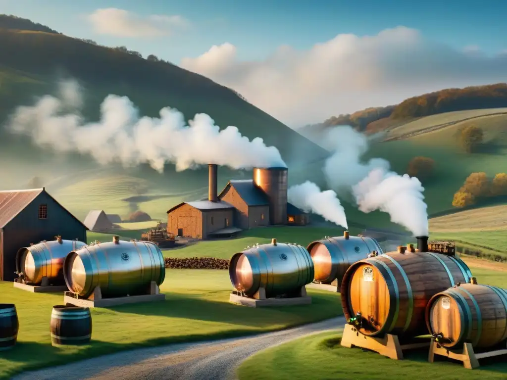 Destilería vintage: tradición y artesanía en la producción de whisky Una destilería vintage en las colinas, barriles de whiskey, alambiques de cobre relucientes y cielo azul