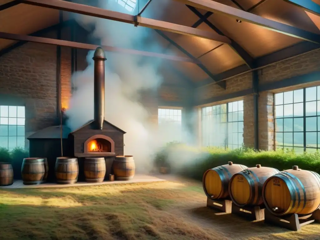Destilería vintage en el campo: tradición y artesanía Destilería vintage en las colinas, barriles de madera y alambique de cobre