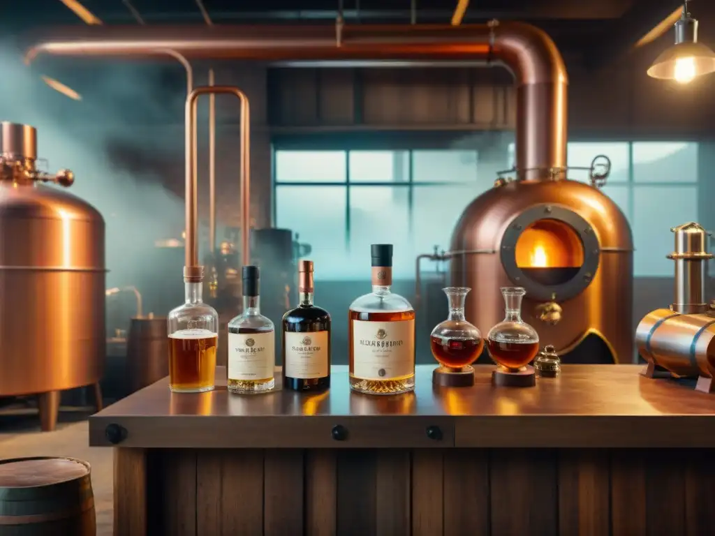 Destilería vintage: fusión de tradición y tecnología AI Una destilería vintage con tecnología AI en destilación de bebidas: máquinas, alambiques de cobre y brazos robóticos crean licores premium