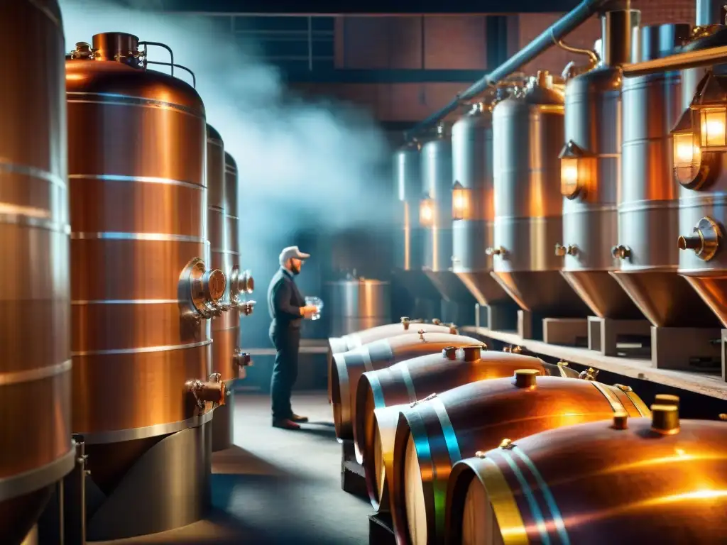 Destilería artesanal: tradición y excelencia en destilación premium Destilería vintage iluminada, barricas de madera, destilador experto creando licor premium