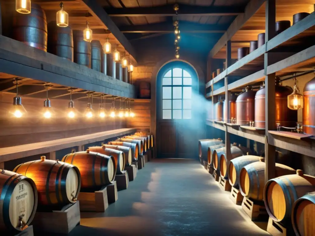 Destilería vintage iluminada: cobre, barricas y espíritus envejecidos Una destilería vintage iluminada con delicadeza, llena de alambiques de cobre y barricas de madera, evocando la revolución digital cata destilados