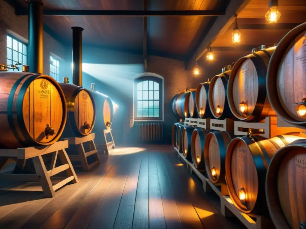 Destilería de Whisky Vintage: Tradición y Artesanía en 8k Destilería vintage iluminada con faroles, barriles de roble y alambiques de cobre