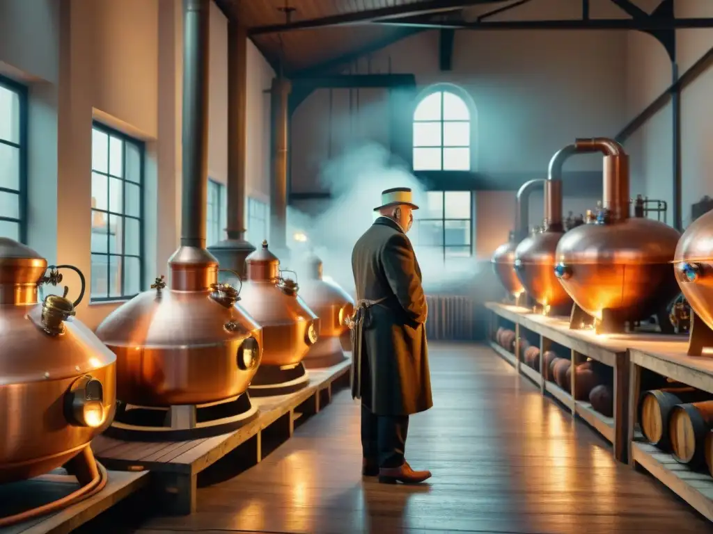 Destilería vintage: tradición y nostalgia en destilación ecológica Una destilería vintage iluminada por lámparas de gas, operarios en trajes clásicos rodeados de barriles de madera