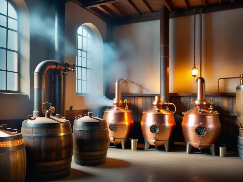 Destilería vintage en 8k: tradición y nostalgia en cada detalle Una destilería vintage iluminada por la luz del sol, con alambiques de cobre, barricas de madera y herramientas antiguas